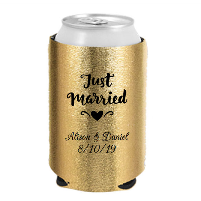 Beach Wedding Koozies Metallic gold print 3030 1 to 300 Personalized can favors 